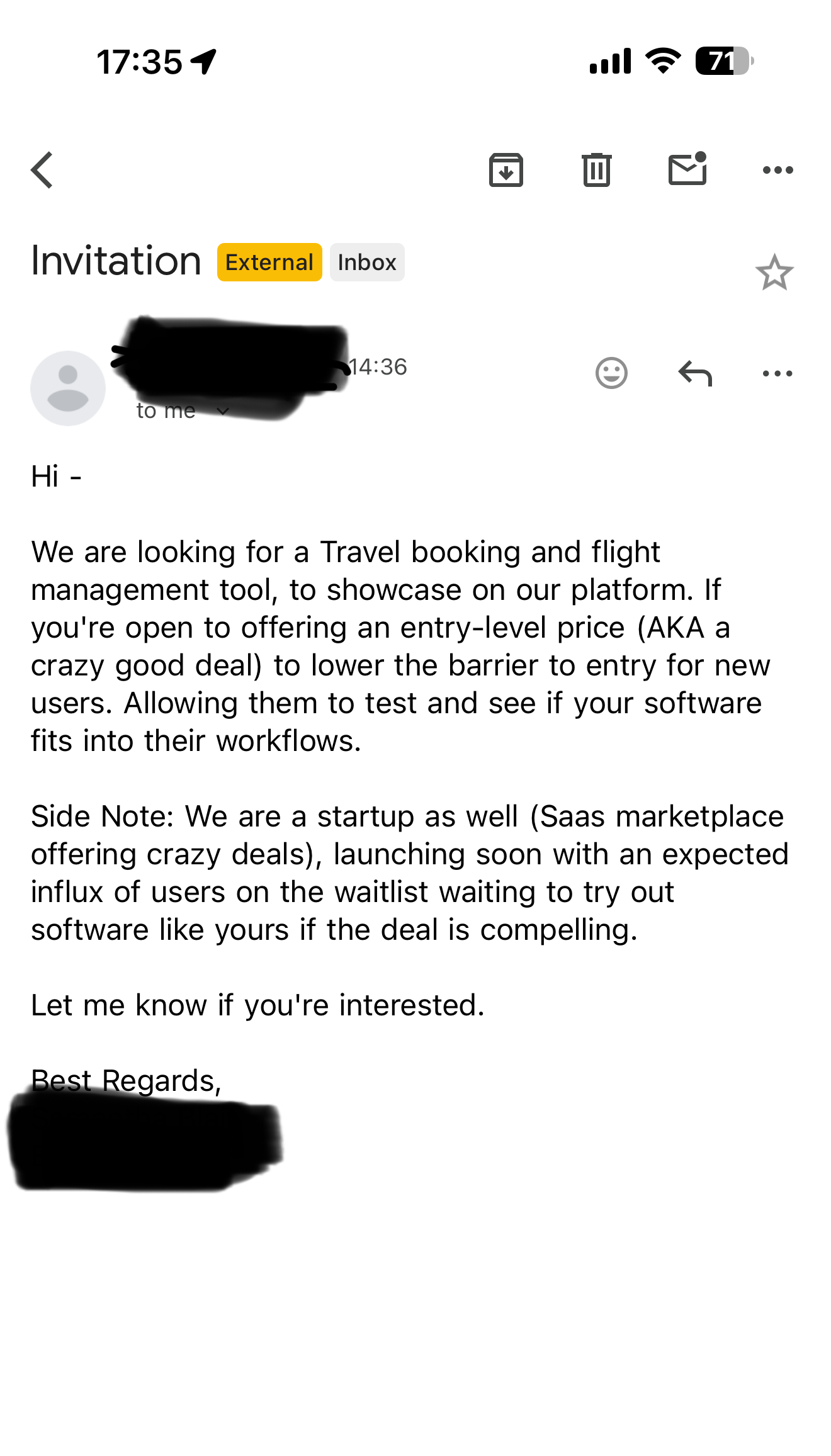 Screenshot of the partnership email pitching agile.flights as a travel booking tool